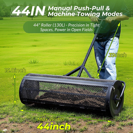 Walensee 44 Inch Compost Spreader Peat Moss Spreader with Side-Latch Design, Upgraded Large-Capacity Metal Mesh Roller for Lawn and Garden Care, Durable Manure Spreader for Seeding and Fertilizing