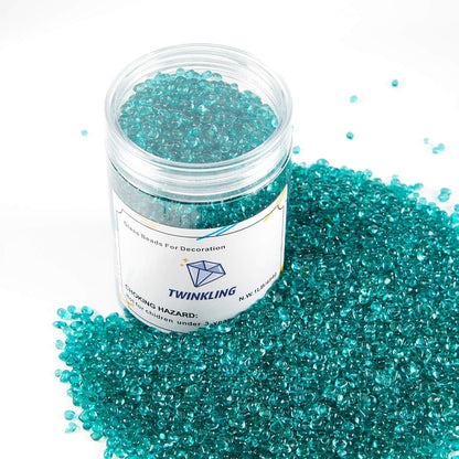 TWINKLING High Luster Round Fire Glass Stones,Glass Marbles Pebbles,Glass Beads Gems for Fire Pit Vase Fillers Crafts Aquarium Garden Decoration,3-6mm,1-Pound Jar (Turquoise)