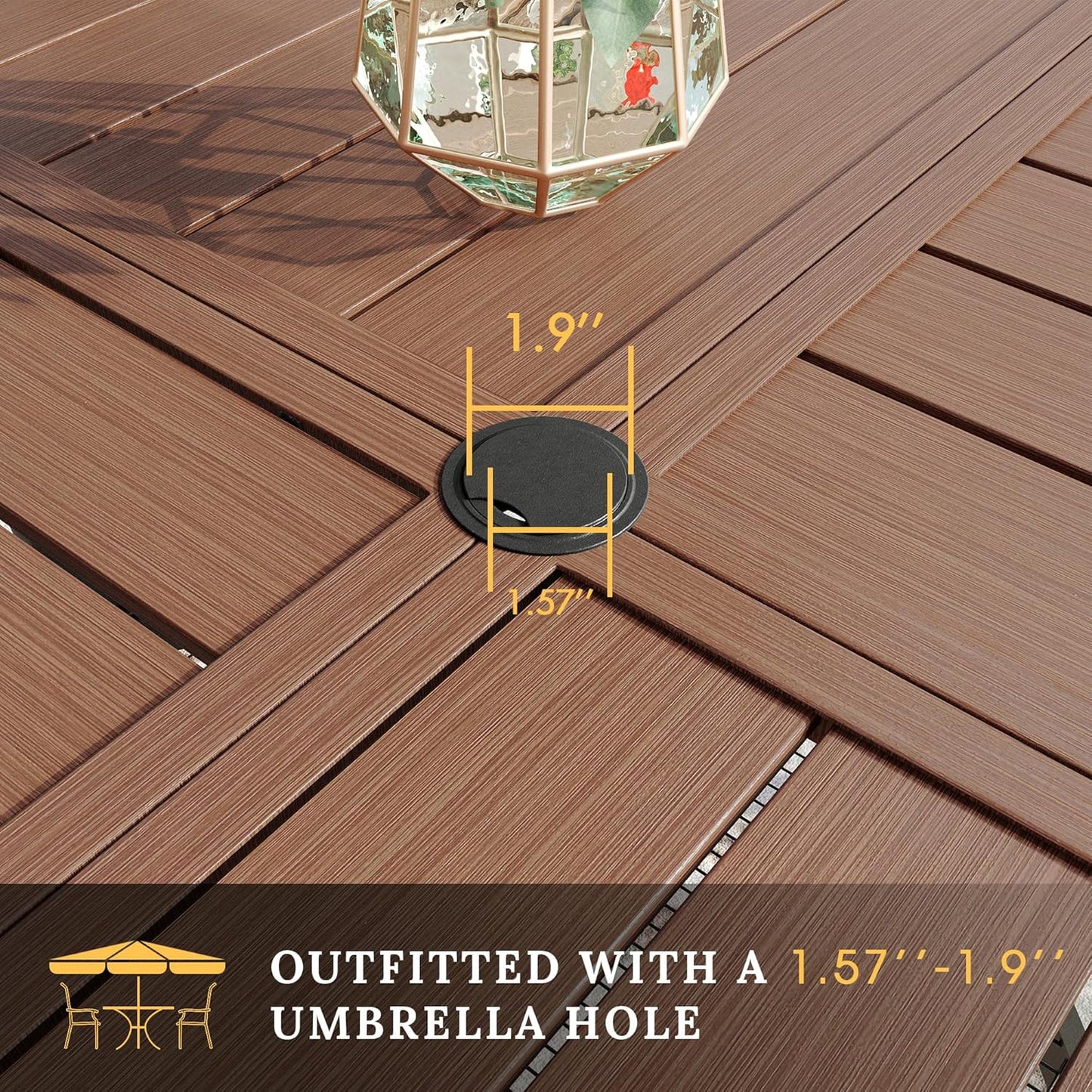 VICLLAX Round Patio Table with Adjustable Umbrella Hole for 4, All Weather Metal Outdoor Dining Table for Lawn Garden, 40.6" Outdoor Coffee Table, Walnut Wood-Like Tabletop