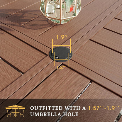 VICLLAX Round Patio Table with Adjustable Umbrella Hole for 8, All Weather Metal Outdoor Dining Table for Lawn Garden, 53.1" Outdoor Coffee Table, Walnut Wood-Like Tabletop