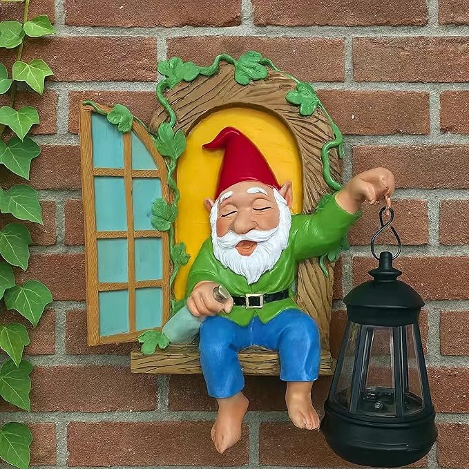 Gnome Statues Solar Lantern Whimsical Elf Out The Door Tree Hugger Figurines Tree Faces Decor Outdoor Fairy Garden Wall Art Decorations for Yard Patio Fence Ideal Gifts