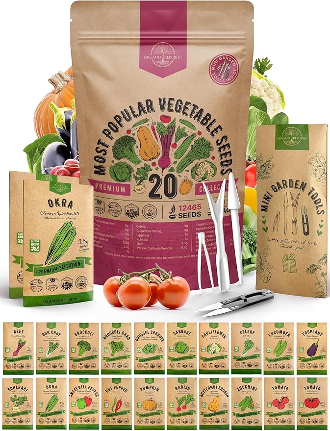 20 Vegetable Seeds Variety Pack - 12,465+ Non-GMO Heirloom Seeds for Planting Vegetables and Fruits in Individual Seed Packets, Home Garden Seed for Hydroponic, Indoor and Outdoors Gardening