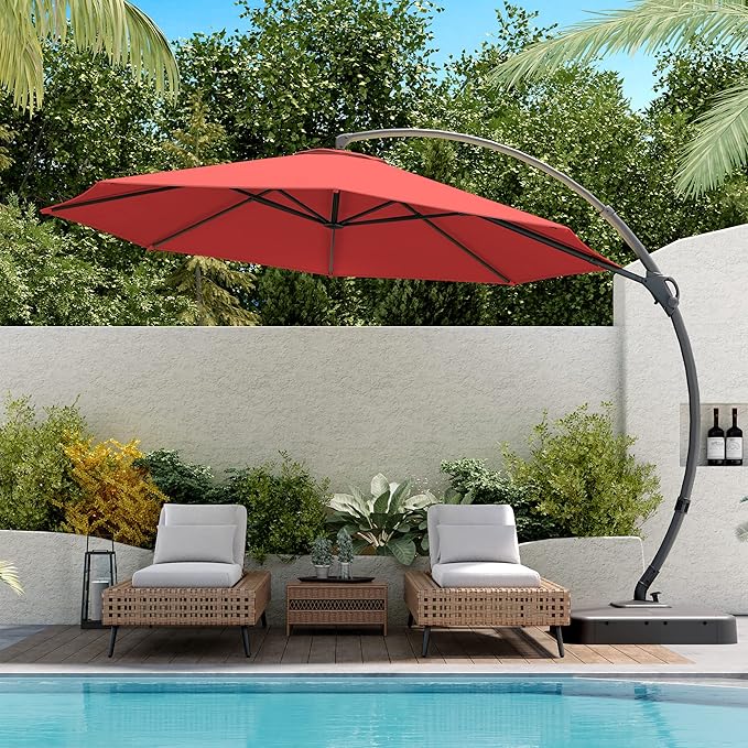 LAUSAINT HOME Outdoor Patio Umbrella with Base included, 12 FT Deluxe Curvy Cantilever Umbrella Heavy Duty Offset Hanging Umbrella with 360° Rotation for Market, Pool, Garden, Backyard, Deck (Red)