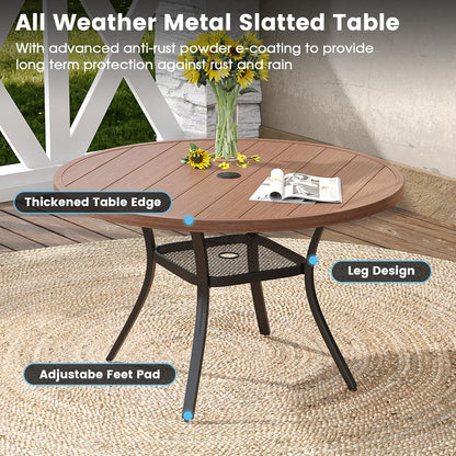 DIFY Outdoor Dining Table for 4 Person, 42"x 42" All Weather Round Patio Metal Table with 1.57" Umbrella Hole for Poolside Garden and Backyard, Walnut