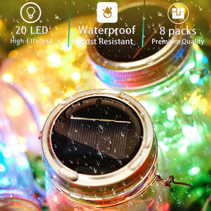 Solar Mason Jar Lights [Updated], 8 Pack 20 LED Waterproof Fairy Firefly Jar Lids String Lights with Hangers(NO Jars), Patio Yard Garden Wedding Decoration - Multi-Colored