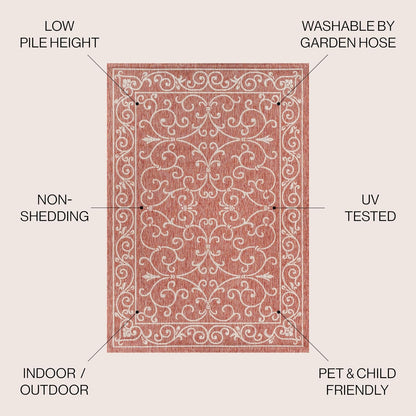 JONATHAN Y SMB106B-6 Charleston Vintage Filigree Textured Weave Red/Beige 6 ft. x 9 ft. Indoor/Outdoor Area Rug, Pet Friendly, Non-Shedding, Stain Resistant, Easy-Cleaning for Backyard, Patio, Porch