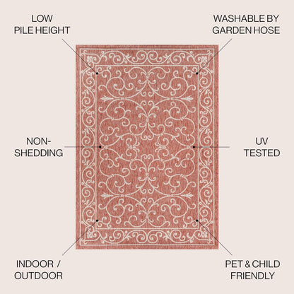 JONATHAN Y SMB106B-6R Charleston Vintage Filigree Textured Weave Red/Beige 6' Round Indoor/Outdoor Area Rug, Pet Friendly, Non-Shedding, Stain Resistant, Easy-Cleaning for Backyard, Patio, Porch