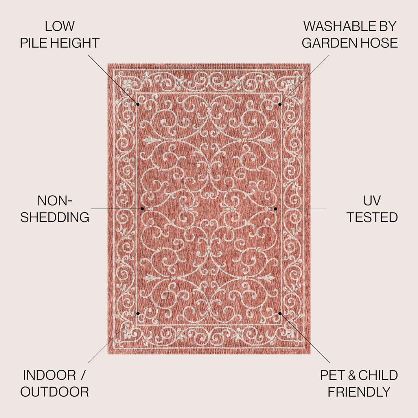 JONATHAN Y SMB106B-9SQ Charleston Vintage Filigree Textured Weave Red/Beige 9' Square Indoor/Outdoor Area Rug, Pet Friendly, Non-Shedding, Stain Resistant, Easy-Cleaning for Backyard, Patio, Porch