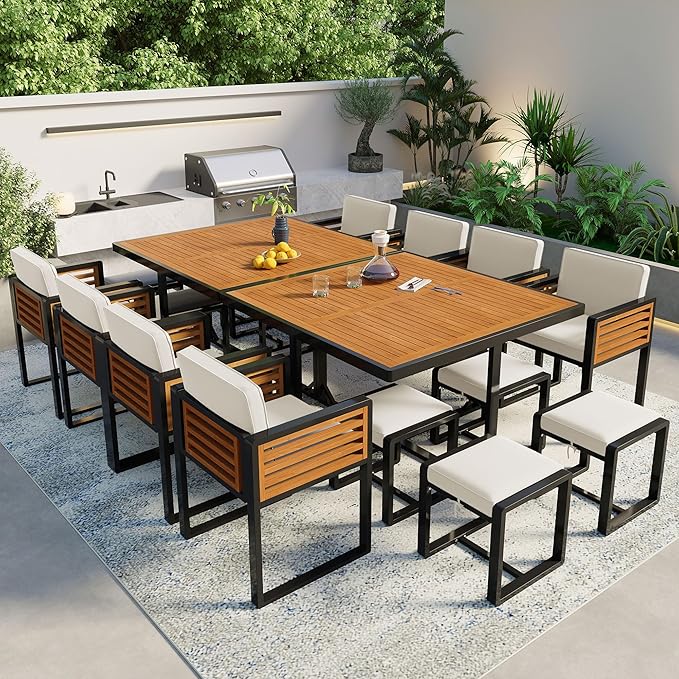 Merax 18 Pieces Outdoor Dining Set for 16 People, Acacia Wood Patio Furniture Sets with 2 Square Tables, 8 Cushioned Chairs and 8 Ottomans for Backyard, Garden, Lawn, Poolside, Beige