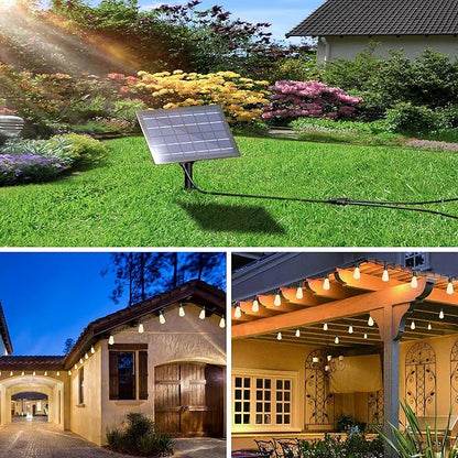 Stright Solar Powered String Light 100FT with Remote Control 8 Light Modes, Weatherproof Shatterproof ST38 LED Bulb 30 Sockets for Backyard Porch Cafe, Large Solar Panel