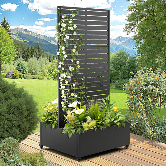 FENCY Dual Planter Boxes Metal Raised Garden Bed with Wheels and Trellis, 73"x35"x24" Privacy Screen for Vegetables, Vines & Flowers, Includes Drainage Holes