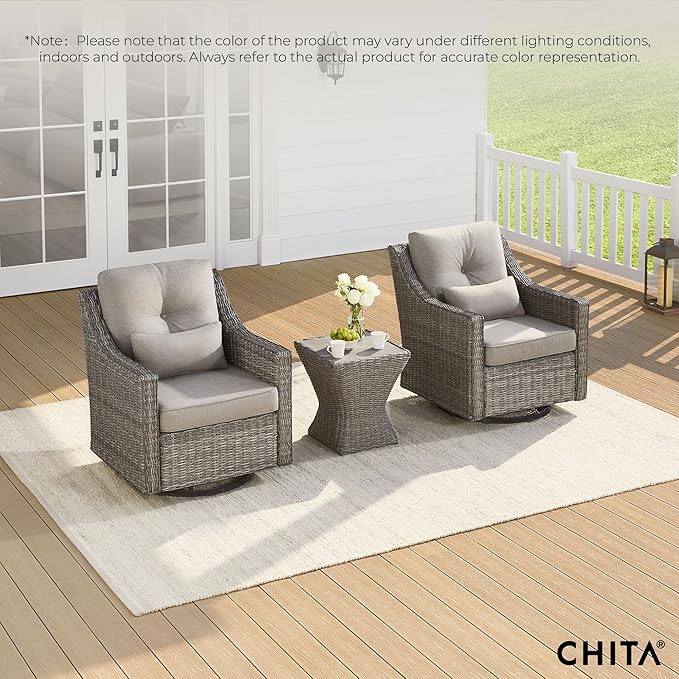 CHITA 3 Pieces Wicker Patio Bistro Set, Outdoor Furniture Set with 2 Pieces Rattan Rocking Swivel Chairs, Thickened Cushions and Side Table