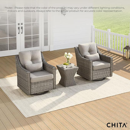 CHITA 3 Pieces Wicker Patio Bistro Set, Outdoor Furniture Set with 2 Pieces Rattan Rocking Swivel Chairs, Thickened Cushions and Side Table
