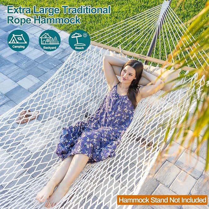 JoyView Traditional Rope Double Hammock - Hand Woven Cotton Hammock with Hardwood Spreader Bar and Pillow 450lb Capacity for Outdoor Indoor Patio Yard - Natural