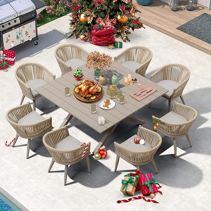 PURPLE LEAF 9 Pieces Outdoor Dining Set with Patio Aluminium Square Dining Table and Wicker Rattan Chairs Modern Furniture Cushions Sets for Backyard Indoor Decor Kitchen Champagne