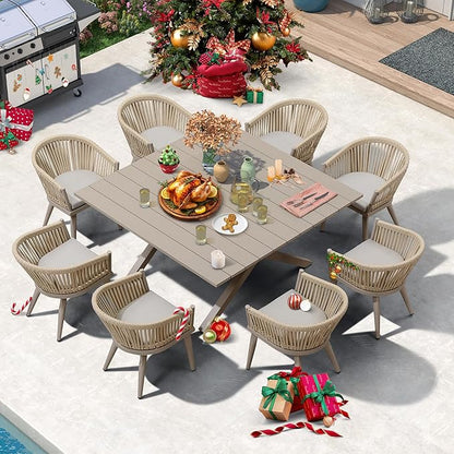 PURPLE LEAF 9 Pieces Outdoor Dining Set with Patio Aluminium Square Dining Table and Wicker Rattan Chairs Modern Furniture Cushions Sets for Backyard Indoor Decor Kitchen Champagne