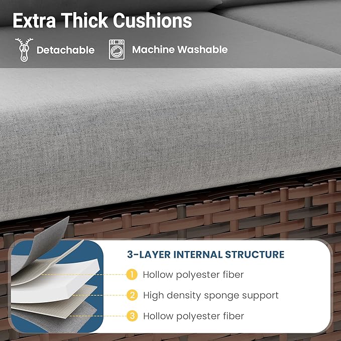 Wisteria Lane 7 Piece Patio Furniture Set, High Curved Back Wicker Outdoor Sectional with Dining Table, All Weather Wicker Outdoor Dining Set, Patio Conversation Set with Ottoman, Grey