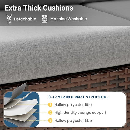 Wisteria Lane 7 Piece Patio Furniture Set, High Curved Back Wicker Outdoor Sectional with Dining Table, All Weather Wicker Outdoor Dining Set, Patio Conversation Set with Ottoman, Grey