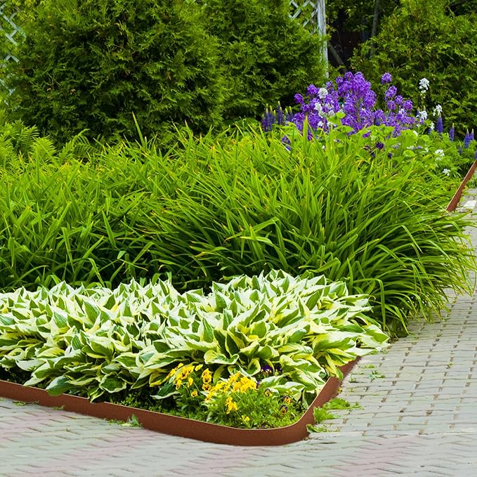 Worth Garden 6-Pack 8" H. Corten Steel Landscape Lawn Edging (20Ft Total) - Rust Patina Finish 18-Gauge Bendable Metal Strips - Hammer-in Edging Border - Buckle Connection - Yard Pathway Divider