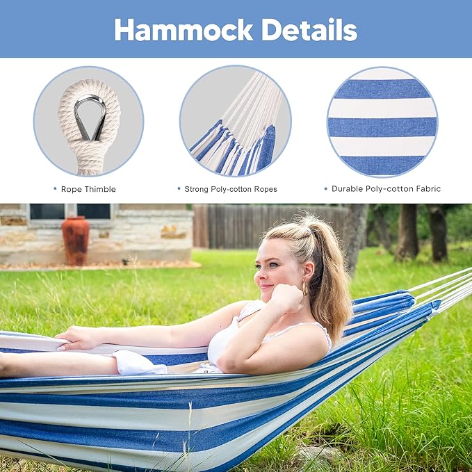 SUNCREAT Backyard Hammock with Frame, Hammock Frames for Outside, 475 lbs Capacity, Blue & White Stripes