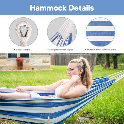 SUNCREAT Backyard Hammock with Frame, Hammock Frames for Outside, 475 lbs Capacity, Blue & White Stripes