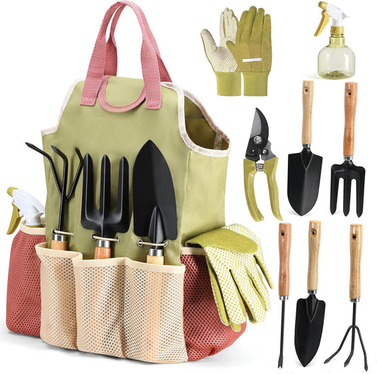 Gardening Tools Set of 10 - Complete Heavy Duty Garden Tools Set with Fashion Handbag - Durable Gardening Supplies Kit Ideal Garden Gifts for Women