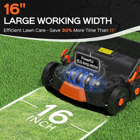 16-Inch 15.5 Amp 2-in-1 Electric Dethatcher and Scarifier with 14.5-Gallon Removable Thatch Collection Bag, Lawn Dethatcher with 5-Position Adjustment, Quick-Fold, Keeps Lawn Healthy - Orange