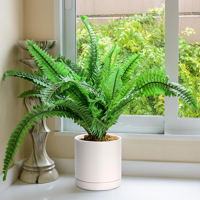 D'vine Dev 8.2 Inch Ceramic Planter Pot with Drainage Hole and Saucer, Indoor Cylinder Round Planter Pot, Oatmeal, 94-O-D-8