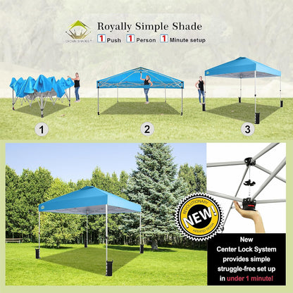 Crown Shades 10x10 Pop Up Canopy - Beach Tent with One Push Setup - Outdoor Sun Shade for Events, Parties, Camping - Gazebo with STO-N-Go Cover Bag, Silver Coated Top, 3 Height& 4 Sand Bags, Sky Blue