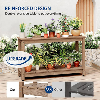 Outdoor Console Table, 48" Weather Resistant HIPS Patio Side Table, 440LBS Weight Capacity, 2-Tier Multifunctional Buffet Bar Storage Organizer for Garden Deck, Teak
