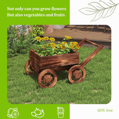 Wooden Flower Cart with Wheels Wooden Wagon Planter Outdoor Garden Planter Decor Planter for Patio Balcony Trolley Decoration Succulent Flower Pot, Indoor Backyard Balcon Decor.（S）