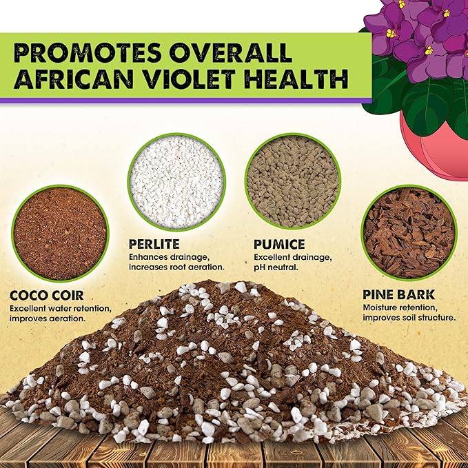 DUSPRO Recycle Premium 4-in-1 African Violet Potting Soil African Violet Soil Blend with Perlite, Coco Peat, Pumice, Pine Bark for Optimal Moisture Retention & Drainage 2QT