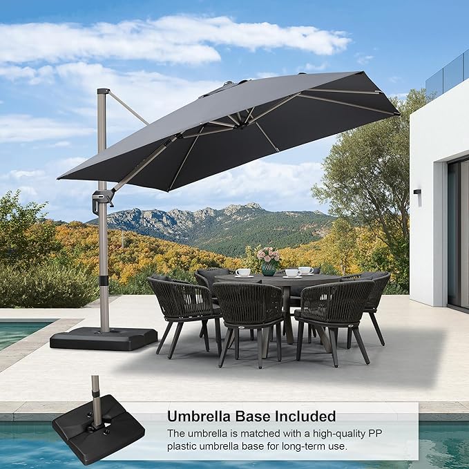 PURPLE LEAF 10FT Patio Umbrella with Base Cantilever Umbrella Square Outdoor Offset Umbrella with Champagne Frame and 360° Rotation for Garden Deck Pool, Grey