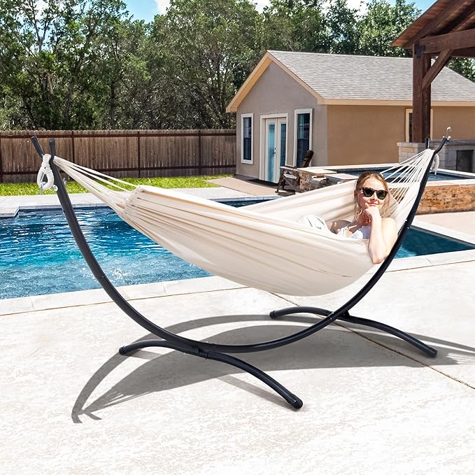 SUNCREAT Portable Outdoor Hammock with Stand Included, Double Hammock with Stand for Outside, Beige