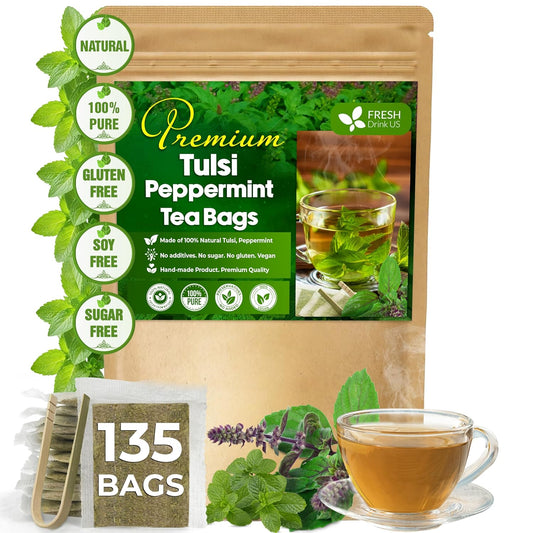 FreshDrinkUS, Premium Tulsi Peppermint Herbal Tea – 135 Tea Bags, 100% Natural, Blend of Tulsi Holy Basil Leaves, and Peppermint Leaves. Made with Natural Material Tea Bags. No Sugar, Vegan.