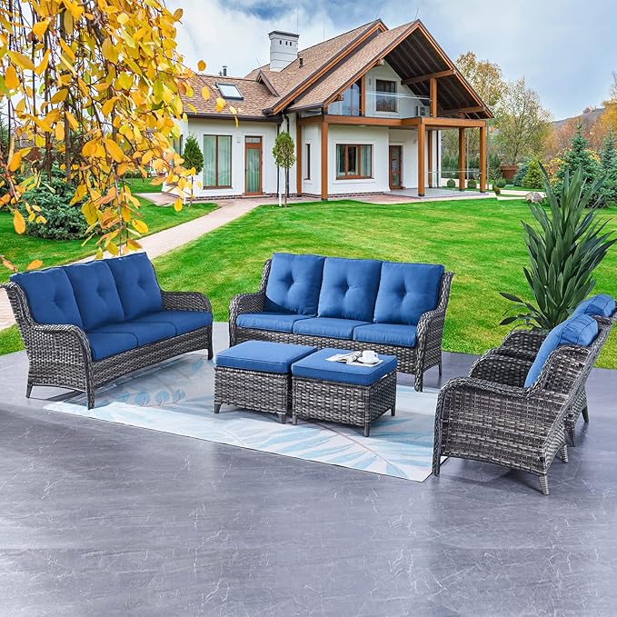 Rilyson Wicker Patio Furniture Set - 6 Piece Rattan Outdoor Sectional Conversation Sets with 2 Sofa,2 Armrest Chairs and 2 Ottomans for Porch Deck Garden(Mixed Grey/Blue)