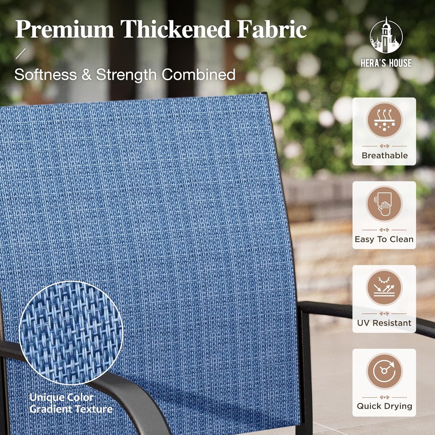 HERA'S HOUSE Outdoor Dining Set 5 Piece Patio Table and Chairs Set, 4 x Textilene Dining Chair, 37" Square Wood Look Dining Table, for Lawn Garden Backyard Deck (Blue)