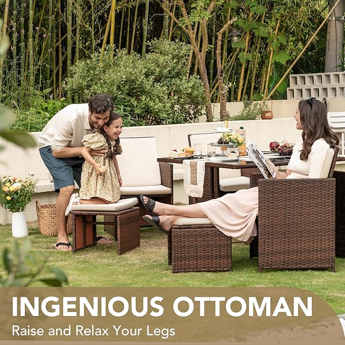 Devoko 9 Pieces Patio Dining Sets Outdoor Space Saving Rattan Chairs with Glass Table Patio Furniture Sets Cushioned Seating and Back Sectional Conversation Set (Beige)