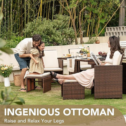 Devoko 9 Pieces Patio Dining Sets Outdoor Space Saving Rattan Chairs with Glass Table Patio Furniture Sets Cushioned Seating and Back Sectional Conversation Set (Beige)