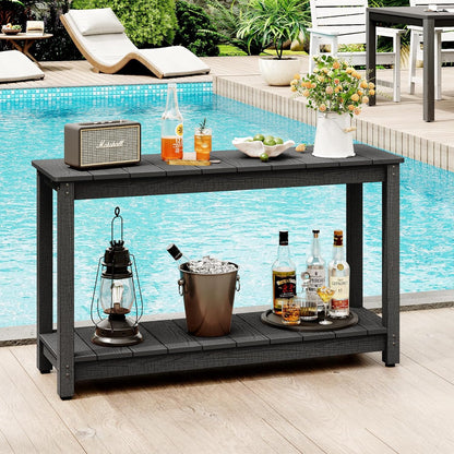 Outdoor Console Table, 48" Weather Resistant HIPS Patio Side Table, 440LBS Weight Capacity, 2-Tier Multifunctional Buffet Bar Storage Organizer for Garden Deck, Black