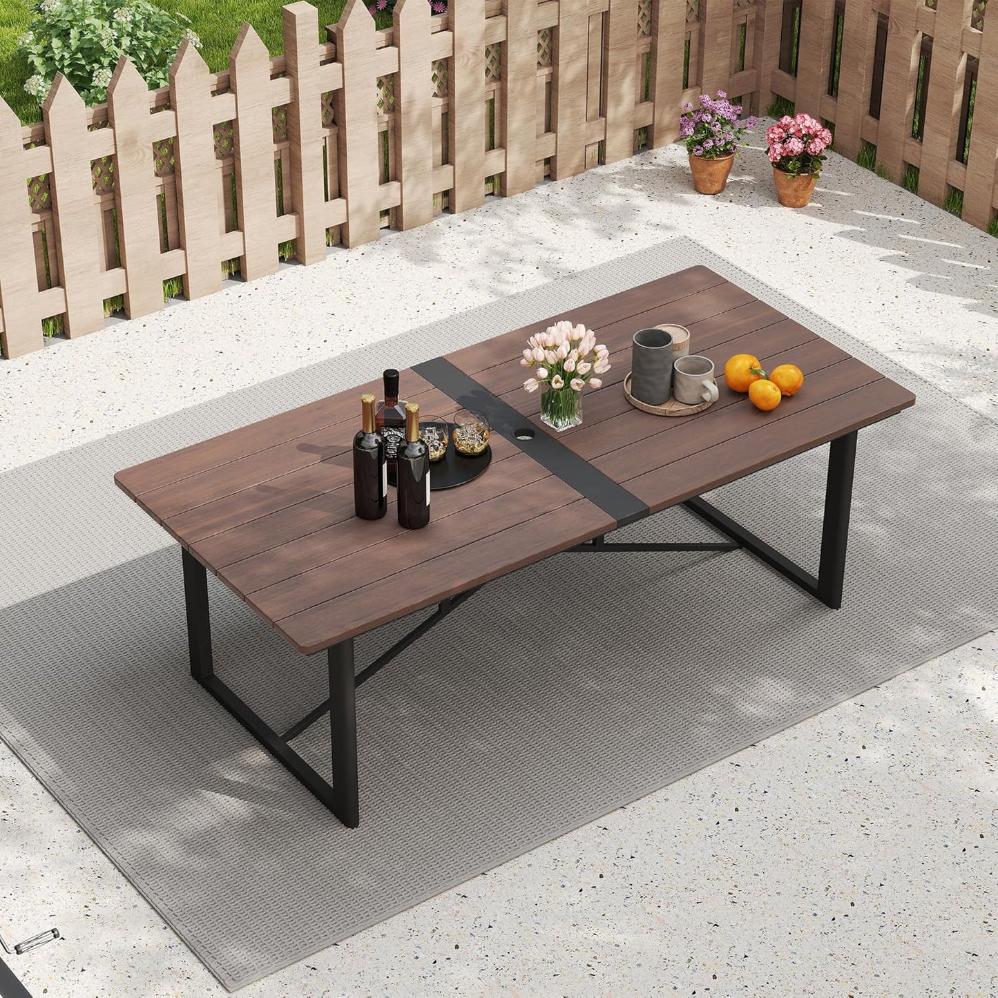 HAPPATIO Outdoor Acacia Wood Dining Table, 8-Person Patio Dining Table with Powder-Coated Aluminum Frame, Rectangle Outdoor Dining Table with Umbrella Hole for Deck Yard Garden