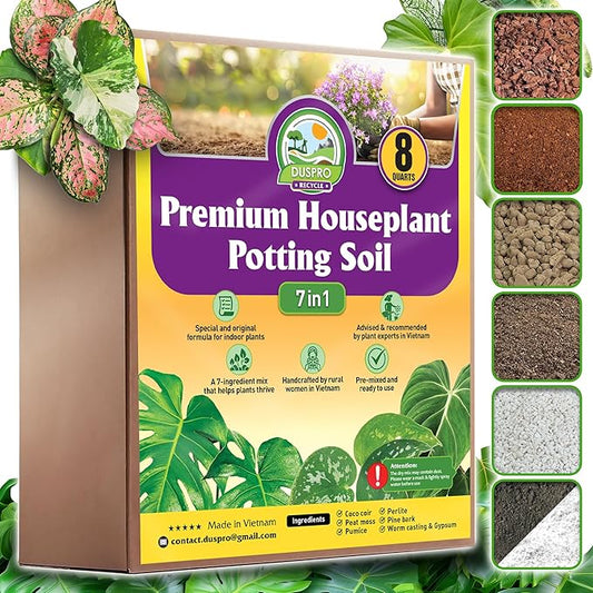 DUSPRO Recycle Pre-Mixed House Plant Soil Aroid Potting Mix 7-in-1 with Coco Coir, Peat Moss, Perlite, Worm Casting, Pumice, Pine Bark & Gypsum, Tropical Potting Mix for Indoor Plants, Herbs 8QRT