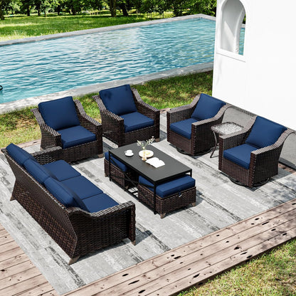 Joyside Wicker Patio Furniture Sets, 9 Pieces Upgraded Large Size Outdoor Furniture with Swivel Rocking Patio Chairs, Patio Dining Chair, 3-Seat Sofa, Outdoor Ottoman, Coffee Table, Thick Cushions