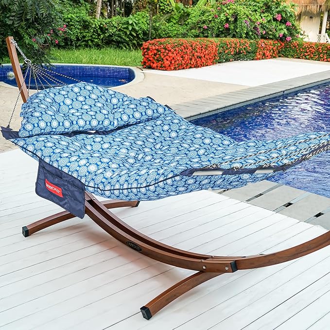Lazy Daze Hammocks Deluxe 12 FT Tufted Hammock with Soft Detachable Pillow & Side Pocket, Outside Double Curved Aluminium Spreader Hammock, 450 Lbs Capacity for Patio, Blue Floral