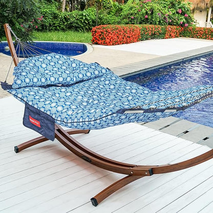 Lazy Daze Hammocks Deluxe 12 FT Tufted Hammock with Soft Detachable Pillow & Side Pocket, Outside Double Curved Aluminium Spreader Hammock, 450 Lbs Capacity for Patio, Blue Floral
