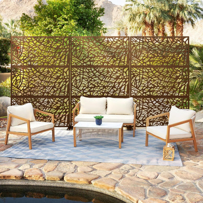 Metal Privacy Screen Outdoor 72" H×47" W,Freestanding Decorative Privacy Screen for Balcony Yard&Garden,Privacy Fence-Brown&Net