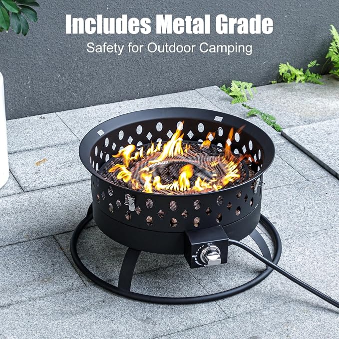 22 Inch Portable Propane Fire Pit,Gas Fire Pit for Outside with Lid & Handle, Smokeless Gas Firepit Bowl with Lava Rocks,Outdoor Propane Firepits for Camping,Patio,Yard,Bonfire.(Black)