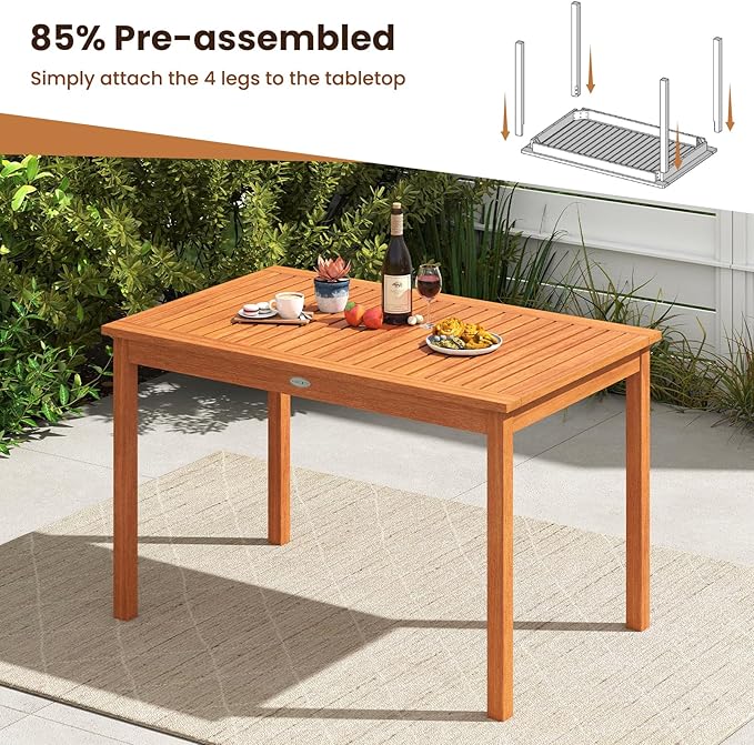 Tangkula Outdoor Dining Table for 4-6 People, 48 Inches Wood Rectangular Patio Table with Slatted Tabletop, Outside Bistro Furniture for Lawn, Garden and Backyard