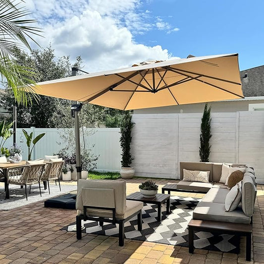 PURPLE LEAF 10' X 13' Patio Umbrella, Rectangle Outdoor Cantilever Umbrella, Aluminum Offset Umbrella with Champagne Frame and 360° Rotation for Pool Deck Garden, Beige