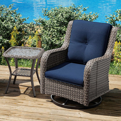 Joyside Outdoor Swivel Rocker Patio Chair and Matching Side Table - 2-Piece Wicker Patio Bistro Set with Premium Fabric Cushions (Brown Mixed with Grey/Blue)